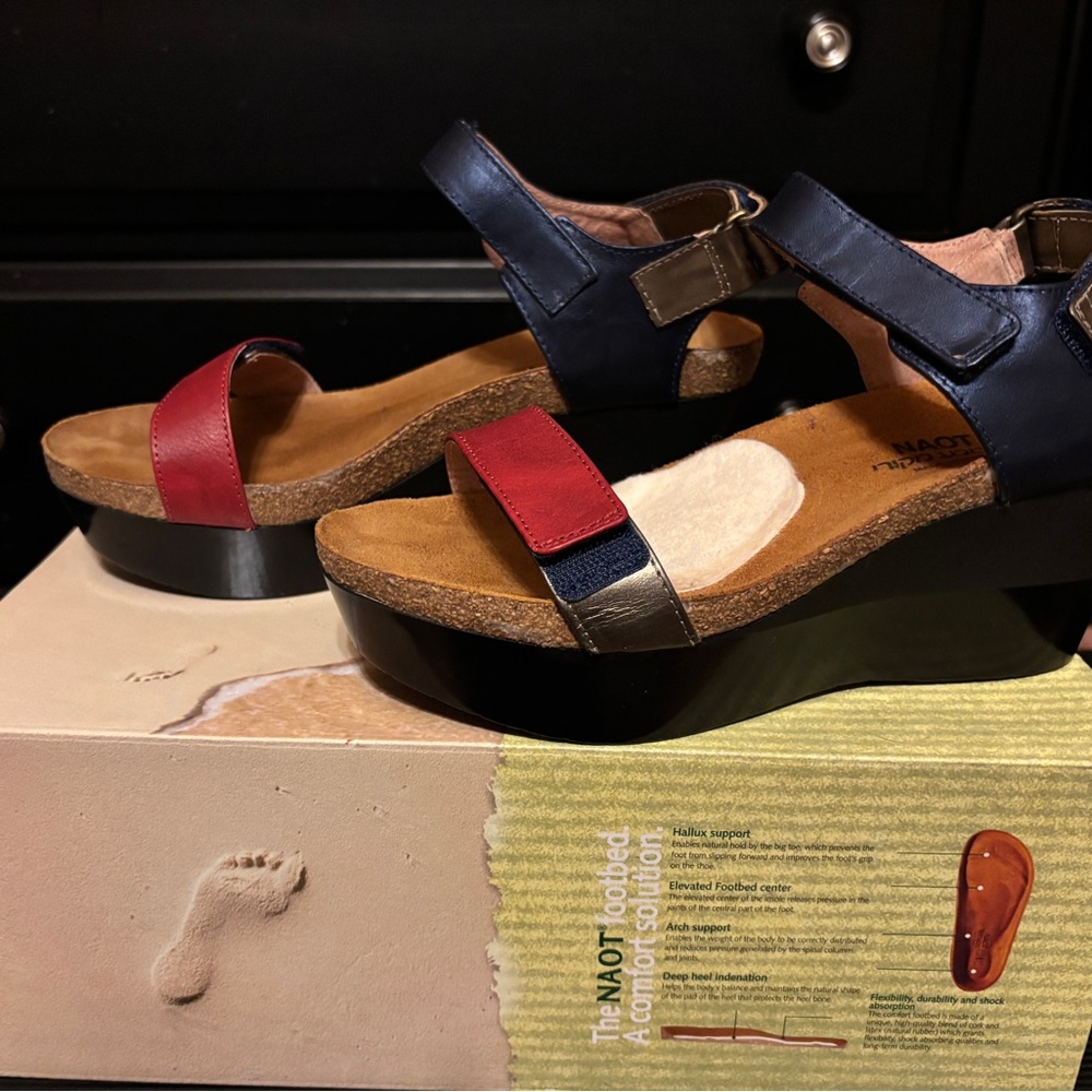 Naot Women's Navy, Red, and Olive Wedge Sandals - Picture 2 of 8